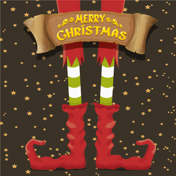 Cartoon elfs legs with retro christmas banner vector 01