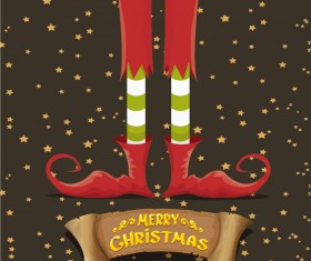 Cartoon elfs legs with retro christmas banner vector 02