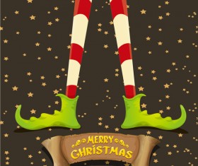 Cartoon elfs legs with retro christmas banner vector 03