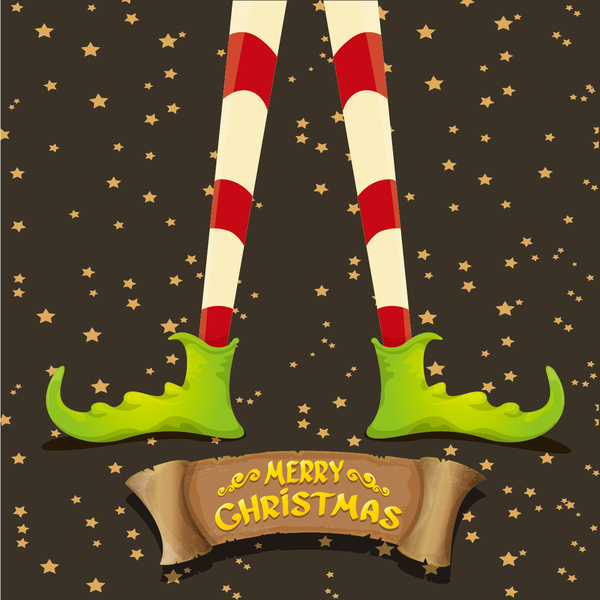 Cartoon elfs legs with retro christmas banner vector 03