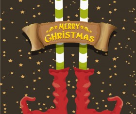 Cartoon elfs legs with retro christmas banner vector 04
