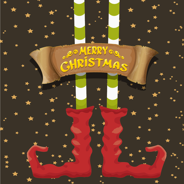 Cartoon elfs legs with retro christmas banner vector 04