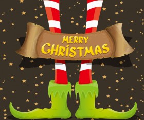 Cartoon elfs legs with retro christmas banner vector 05