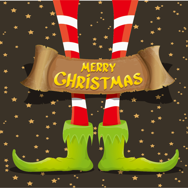 Cartoon elfs legs with retro christmas banner vector 05