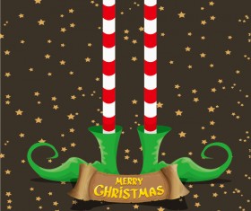 Cartoon elfs legs with retro christmas banner vector 06