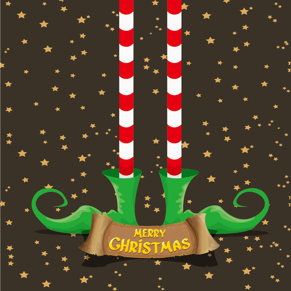 Cartoon elfs legs with retro christmas banner vector 06