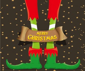 Cartoon elfs legs with retro christmas banner vector 07
