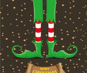 Cartoon elfs legs with retro christmas banner vector 08