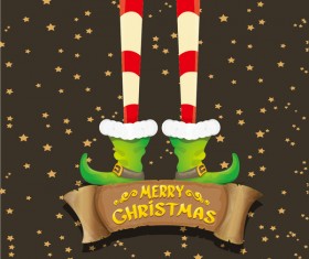 Cartoon elfs legs with retro christmas banner vector 09
