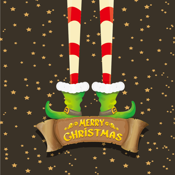 Cartoon elfs legs with retro christmas banner vector 09