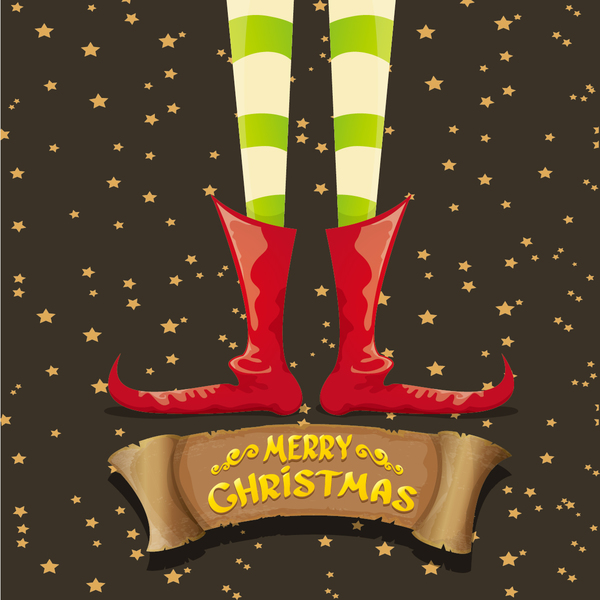 Cartoon elfs legs with retro christmas banner vector 10