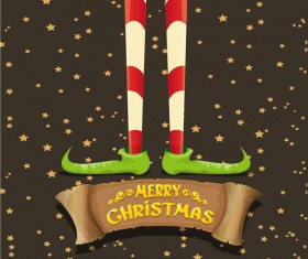 Cartoon elfs legs with retro christmas banner vector 11