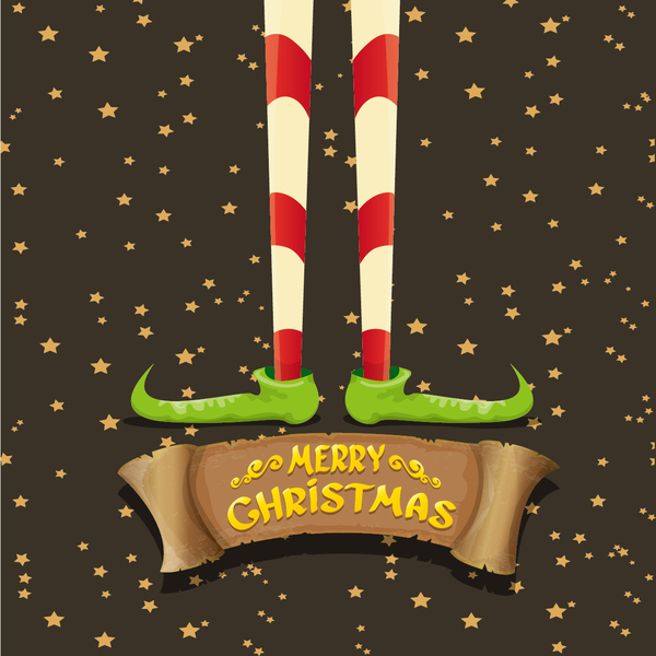 Cartoon elfs legs with retro christmas banner vector 11