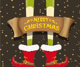 Cartoon elfs legs with retro christmas banner vector 12