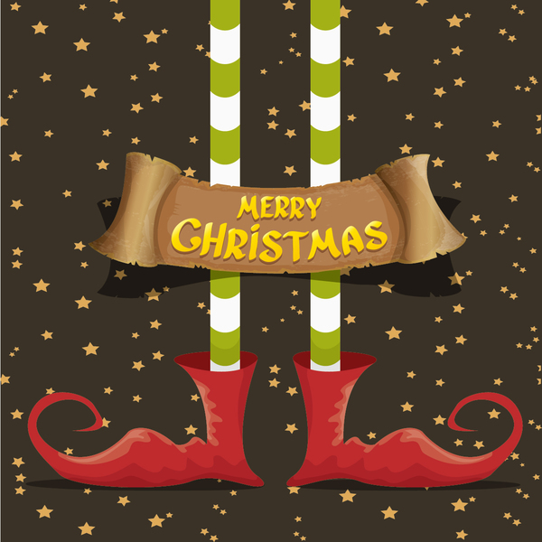 Cartoon elfs legs with retro christmas banner vector 15