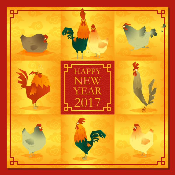 Chicken with 2017 new year background vector