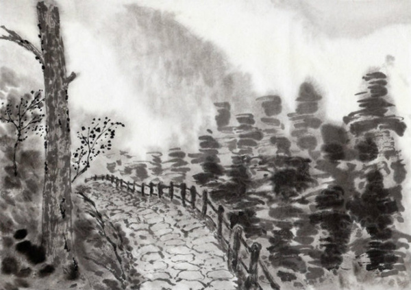 Chinese black and white ink painting mountain road Stock Photo