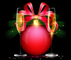 Christmas ball with red ribbon bow and wine vector material 01