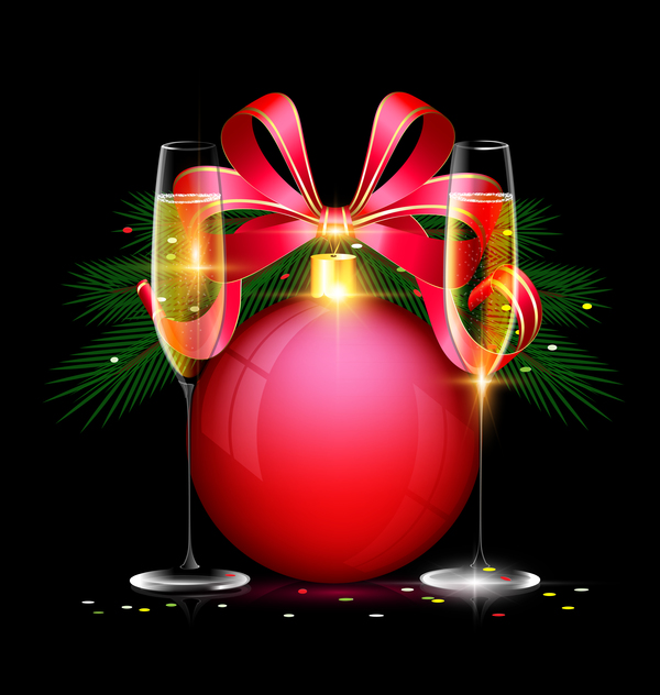 Christmas ball with red ribbon bow and wine vector material 01