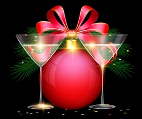 Christmas ball with red ribbon bow and wine vector material 02