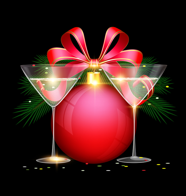 Christmas ball with red ribbon bow and wine vector material 02