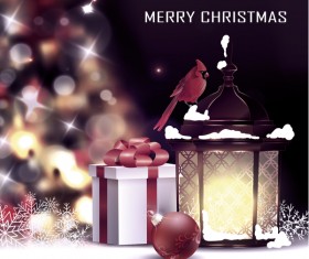 Christmas blur background with lantern and gift box vector 01