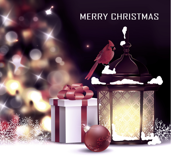 Christmas blur background with lantern and gift box vector 01