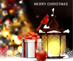 Christmas blur background with lantern and gift box vector 02