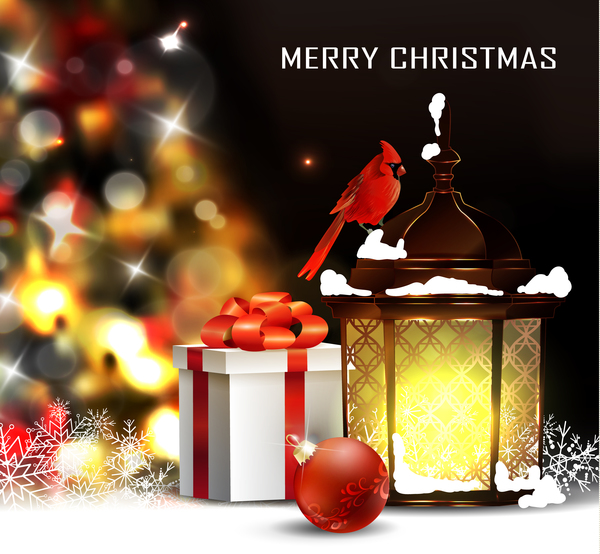 Christmas blur background with lantern and gift box vector 02