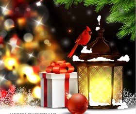 Christmas blur background with lantern and gift box vector 03