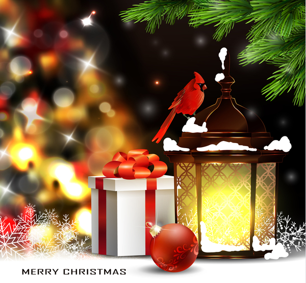 Christmas blur background with lantern and gift box vector 03