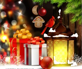 Christmas blur background with lantern and gift box vector 04