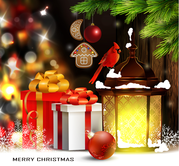 Christmas blur background with lantern and gift box vector 04