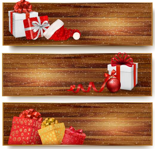 Christmas gift box with wooden banners vector