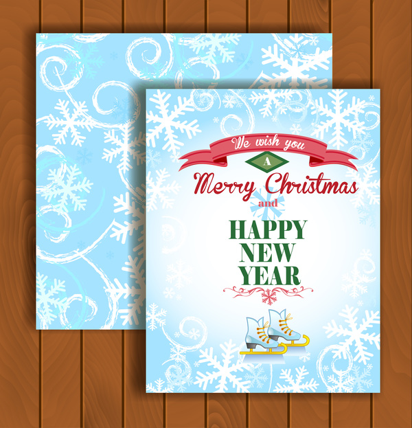 Christmas greeting cards and envelopes with wooden background vector 01