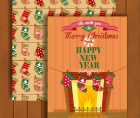 Christmas greeting cards and envelopes with wooden background vector 02