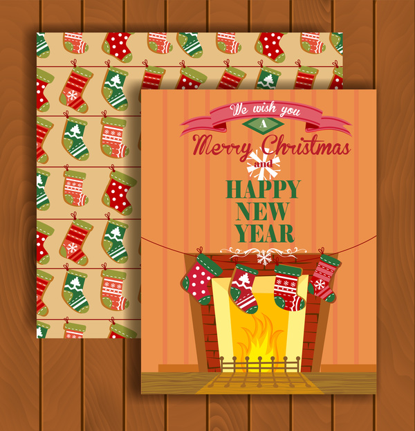 Christmas greeting cards and envelopes with wooden background vector 02