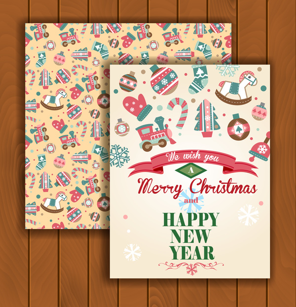 Christmas greeting cards and envelopes with wooden background vector 03