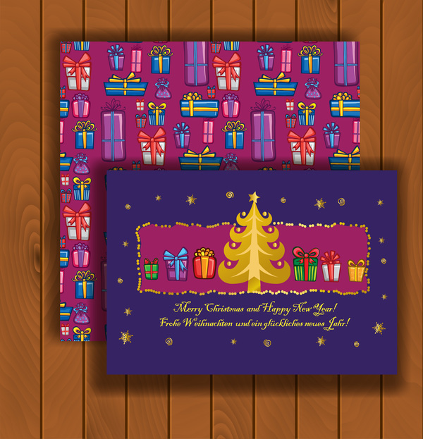 Christmas greeting cards and envelopes with wooden background vector 16