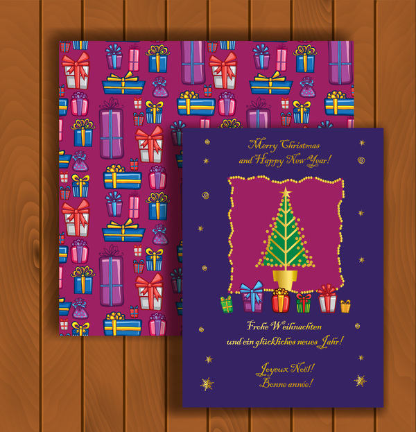 Christmas greeting cards and envelopes with wooden background vector 17