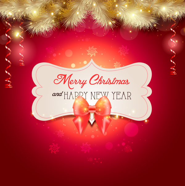 Christmas label with bow and red background vector