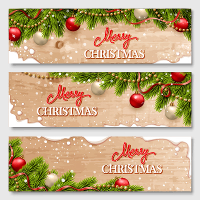 Christmas wooden banners with baubles vector