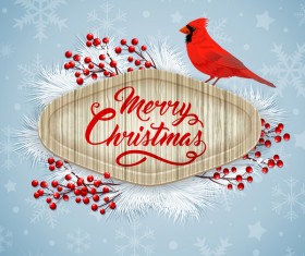 Christmas wooden label with bird vector 02