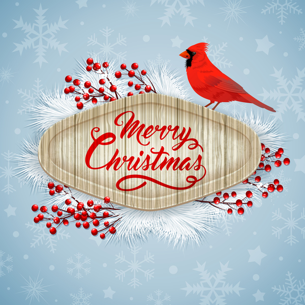 Christmas wooden label with bird vector 02