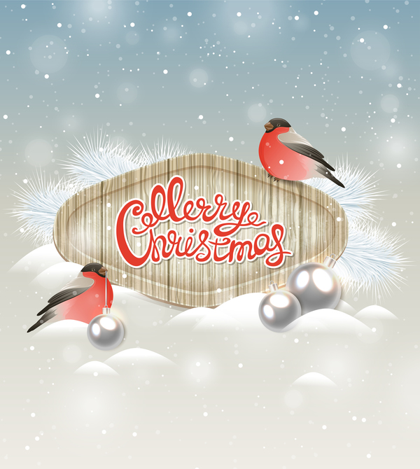 Christmas wooden label with bird vector 03