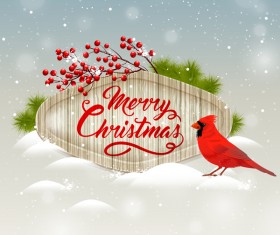 Christmas wooden label with bird vector 04