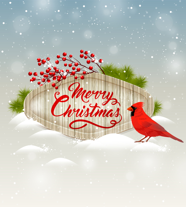 Christmas wooden label with bird vector 04