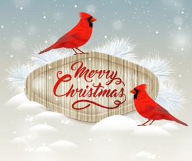 Christmas wooden label with bird vector 05