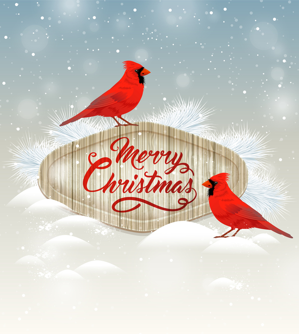 Christmas wooden label with bird vector 05