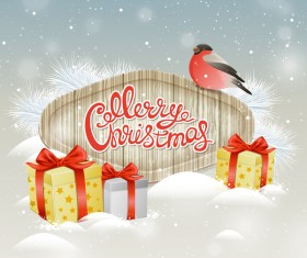 Christmas wooden label with bird vector 06